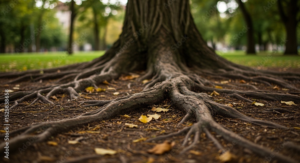 Fototapeta premium Exposed Tree Roots Spreading Over Ground in Park Setting