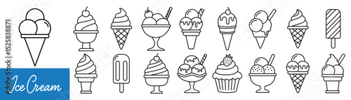 ice cream cone vector icon set. icecream scoop cup symbol. vanilla tasty soft ice cream sign collection Editable stroke