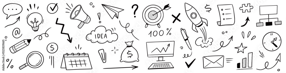 Fototapeta premium Business money sketch idea icon set. Hand drawn sketch elements for startup, project, goal and teamwork. Business graphic chart, rocket, growth marketing concept in chalkboard. Vector illustration