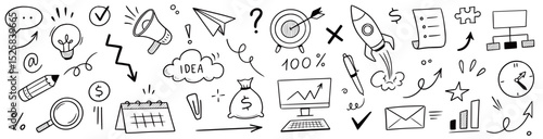 Business money sketch idea icon set. Hand drawn sketch elements for startup, project, goal and teamwork. Business graphic chart, rocket, growth marketing concept in chalkboard. Vector illustration