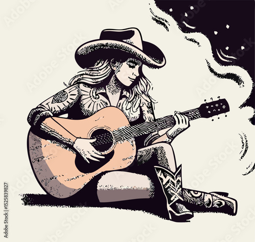 Cowgirl Playing Acoustic Guitar, Vintage Illustration