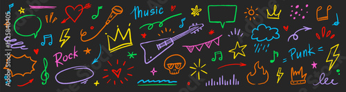 Music star doodle icon punk rock set. Hand drawn music sketch guitar, microphone, skull. Fun graffiti star shape doodle arrow, crown, speech bubble grunge decoration elements. Vector illustration