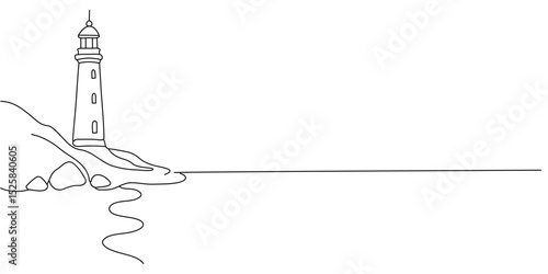 Continuous one line drawing of lighthouse tower. Simple illustration of castle hill tower, sea coast line art vector illustration Editable stroke