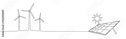 Wind farm turbine, solar panel with sun continuous one line icon drawing. Renewable source energy concept vector illustration in linear style. Editable stroke