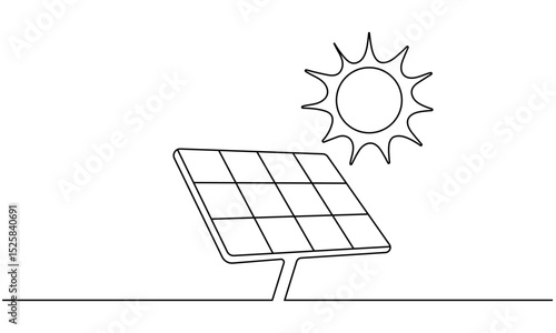 One continuous line drawing of Solar panel with sun. Green clean energy and renewable resources in simple linear style. Editable stroke. Doodle vector