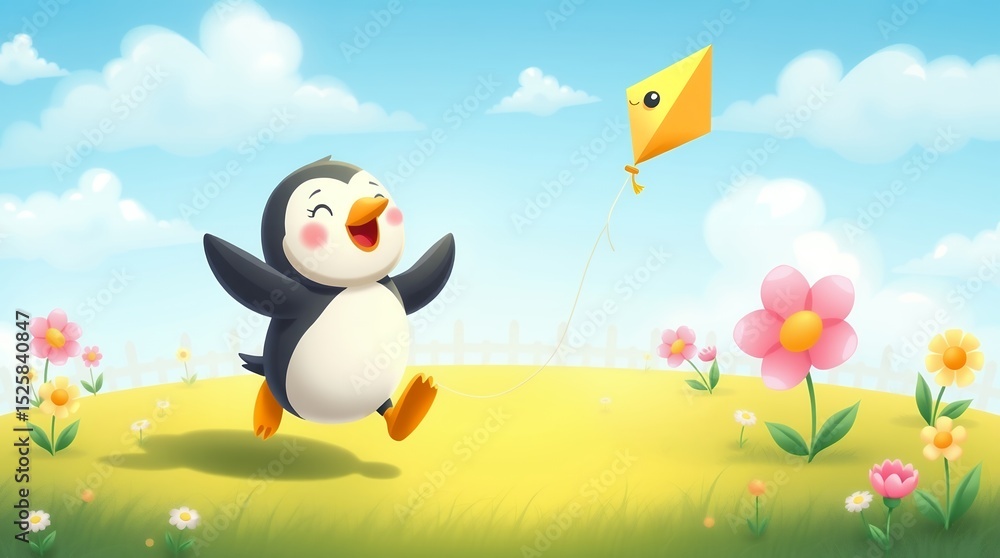 Naklejka premium AI Generated Cute Cartoon Penguin Running Happily with a Kite in a Field