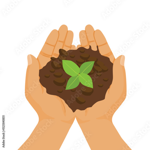 Hand holding seedling with soil. Care of the environment and ecology concept