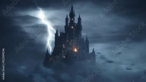 A gothic castle emerges from the clouds, exuding a mysterious and magical atmosphere.