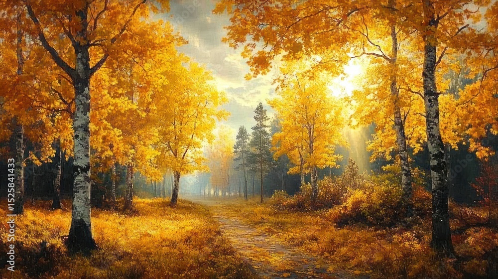 Obraz premium sunlight filtering through golden autumn trees along a forest path surrounded by vibrant yellow and orange foliage creating a warm serene atmosphere