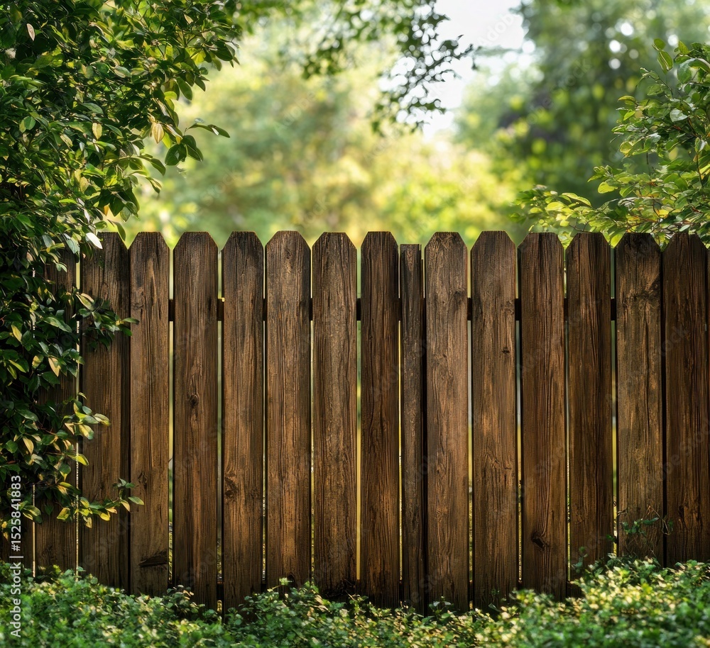 Obraz premium Sunlit weathered wooden fence surrounded by green leafy plants and foliage in a serene natural setting