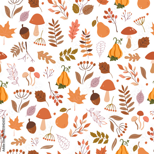 Cute spooky Halloween themed vector seamless pattern design with carved pumpkin, bats, black cat, witchy hat, skull illustration in cartoon retro groovy funky style for wrapping paper, background