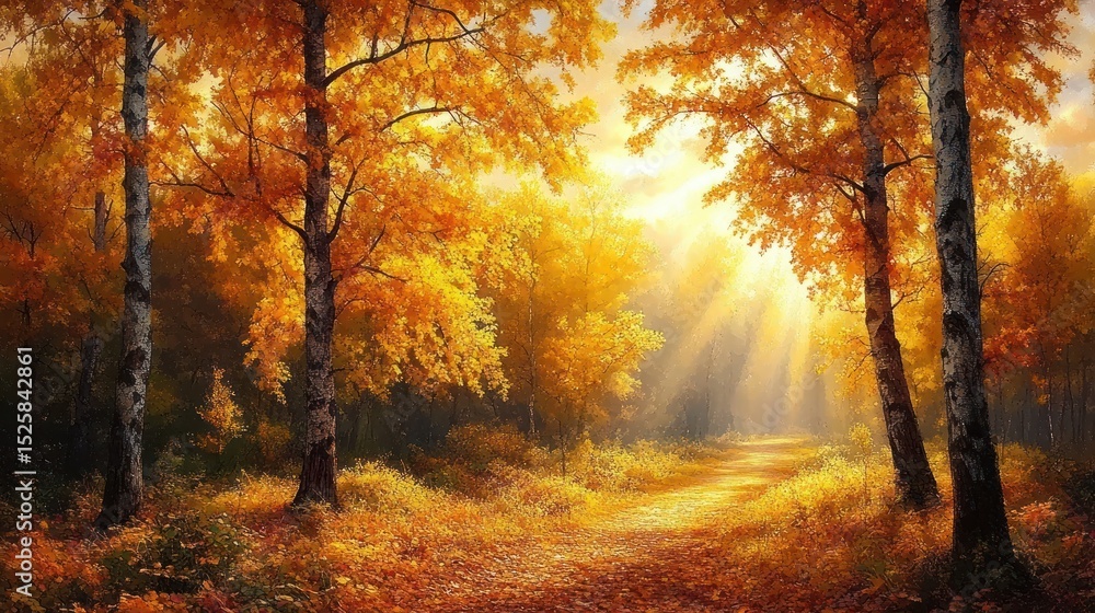 Fototapeta premium A sunlit forest path surrounded by tall trees with golden autumn leaves, warm sunlight streaming through branches creating a serene and peaceful atmosphere