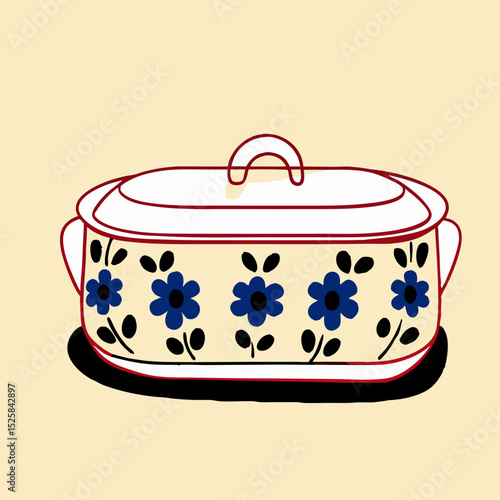 Oval Floral Casserole Dish, Vintage Kitchenware Illustration