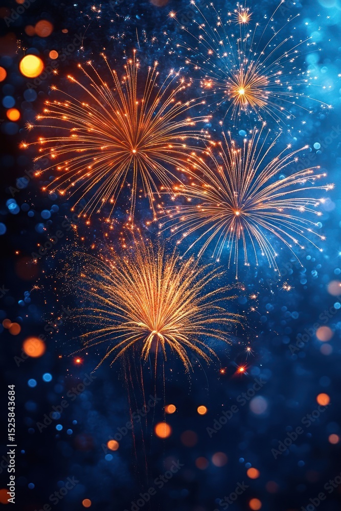 Obraz premium Bright golden fireworks bursting against a dark blue night sky with glowing bokeh lights creating a festive and celebratory atmosphere