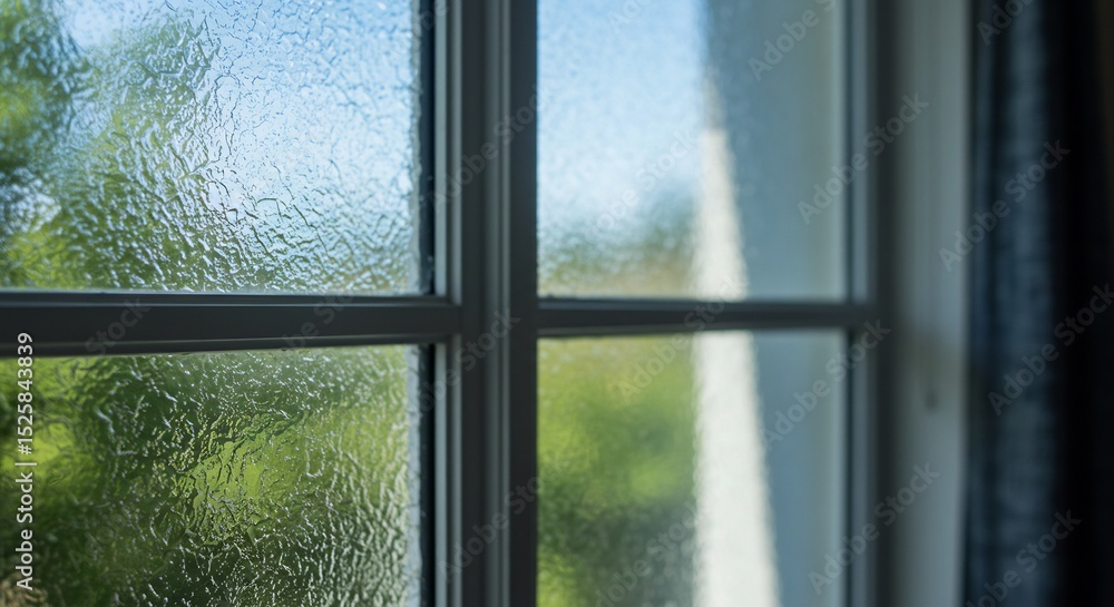 Fototapeta premium Looking Through Frosted Glass Window at Greenery and Blue Sky