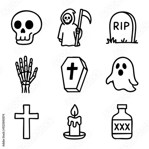 A set of doodle line icons featuring spooky and death-themed elements like skulls, grim reaper, gravestones, ghosts, and coffins