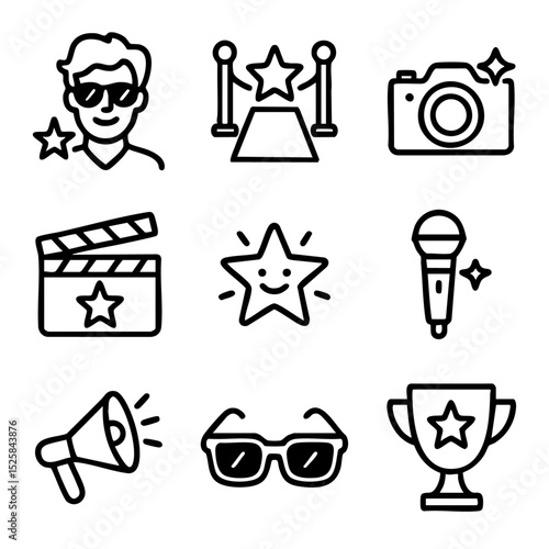 A set of doodle line icons themed around celebrity life, fame, entertainment industry, including red carpet, awards, and microphones