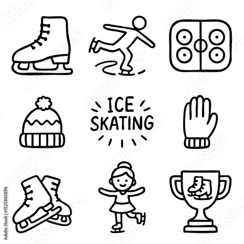 A set of doodle line icons themed around ice skating, showing skaters, skates, rink, gloves, hat, and competition elements