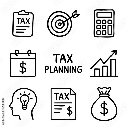 A set of doodle line icons representing tax planning, accounting tools, budgeting, financial growth, and money management strategies