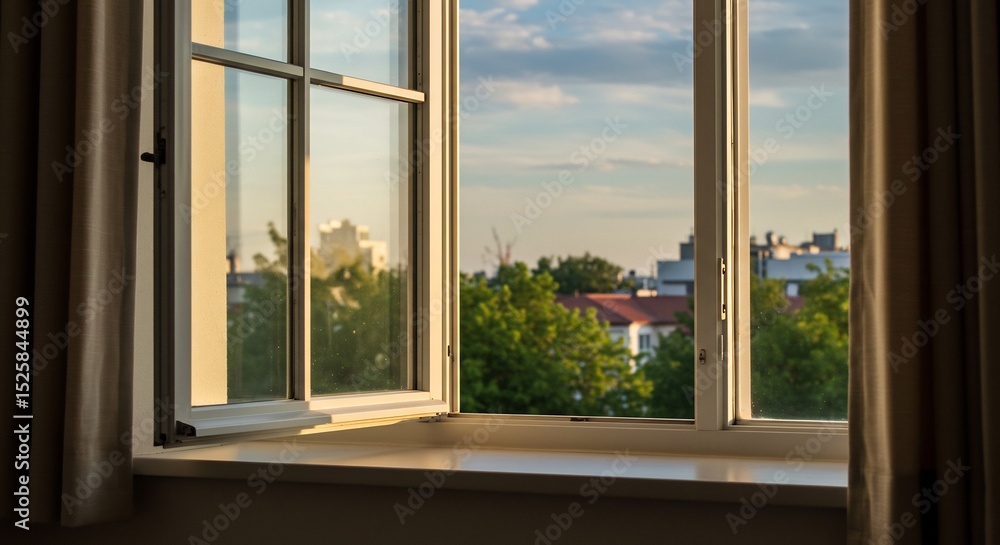 Fototapeta premium Open Window View with Cityscape and Evening Sky
