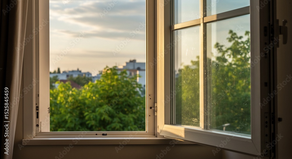 Obraz premium Open Window View with Green Trees and City Skyline at Sunset