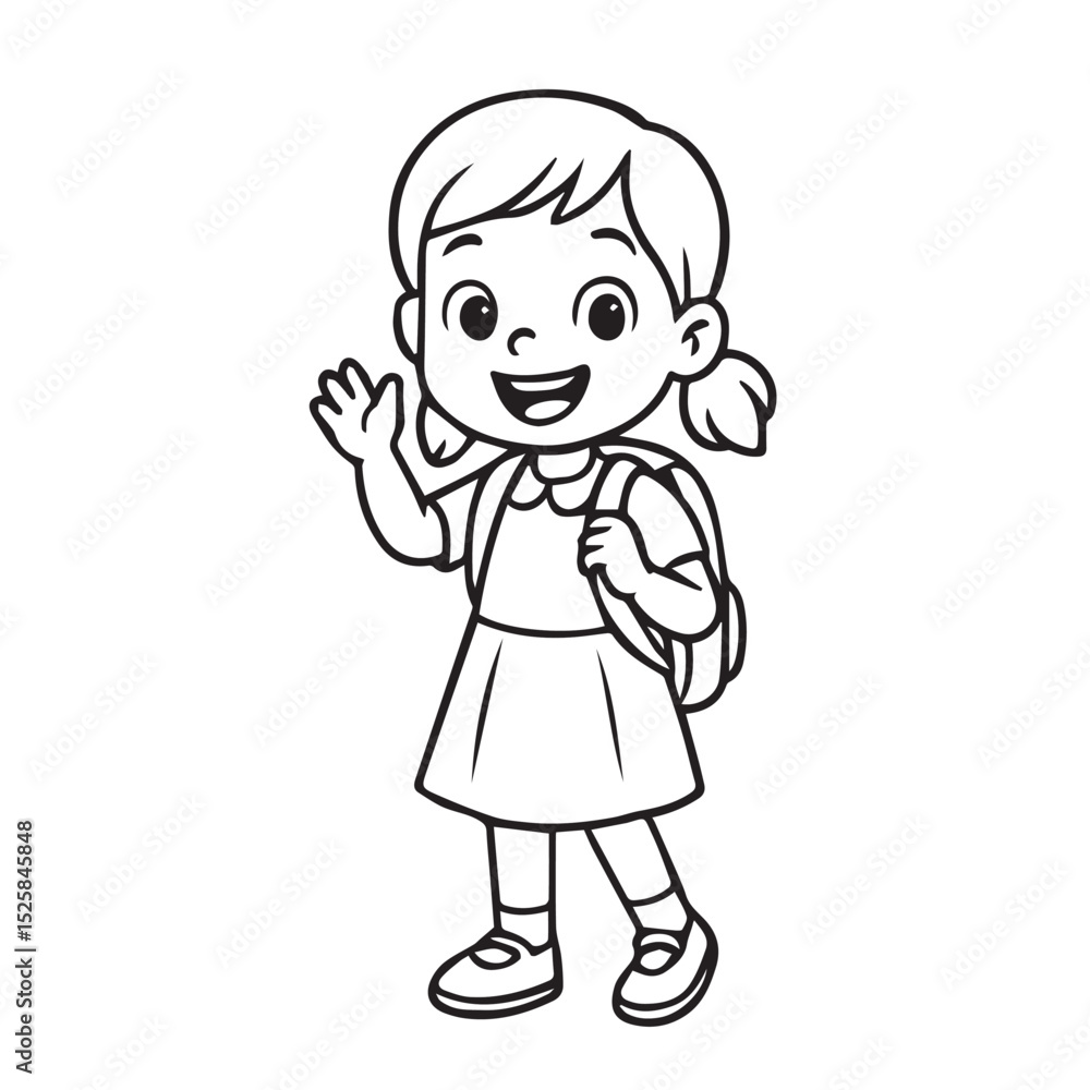 Minimalist vector of a young schoolgirl in kindergarten, black and white themed, with bold outlines and back to school elements like a book or backpack. Minimalist vector of a young schoolgirl in kindergarten, black and white themed, with bold outlines and back to school elements like a book or backpack.