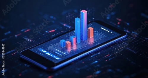 3d bar chart emerging from smartphone screen in a digital data interface with glowing blue and pink futuristic elements