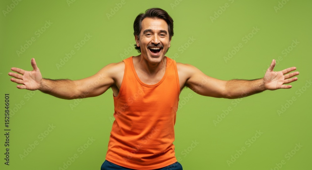 Fototapeta premium Cheerful adult male posing against lime green background expressing joyful emotion