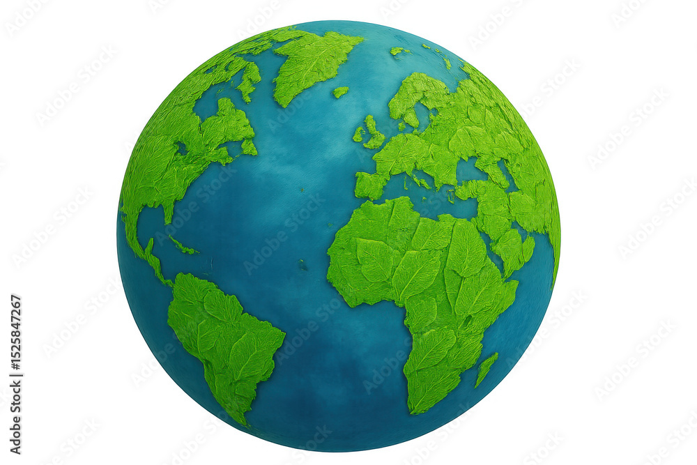 Naklejka premium Continents covered in green foliage symbolizing environmental awareness on planet earth, presented on a transparent background