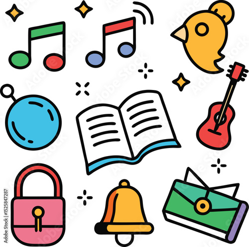 Music and Book Icon Set with Colorful Notes and Guitar Art, Minimalist Education Design, Artistic Illustration