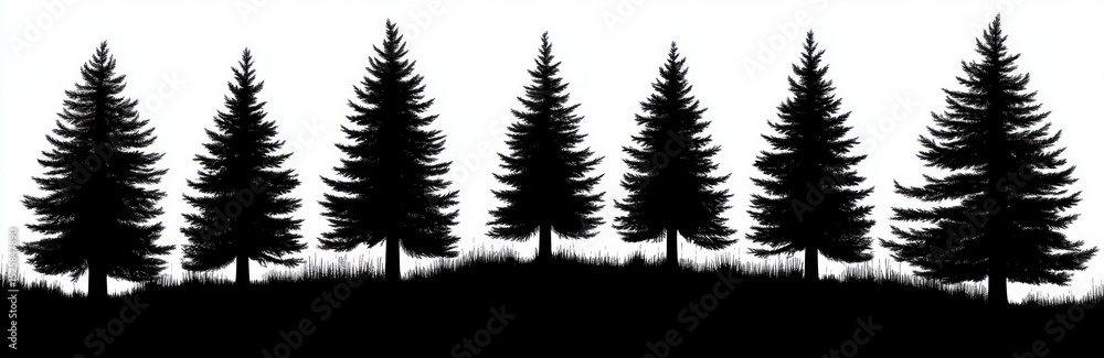 Obraz premium silhouettes of tall pine trees standing evenly spaced on a grassy hill against a white background evoking calm and natural beauty