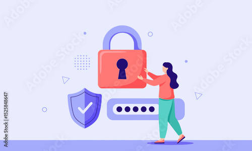 Enhancing Digital Security and Password Protection. Woman interacting with padlock, shield, and password field: symbolizing the active management of digital security and strong password practices.