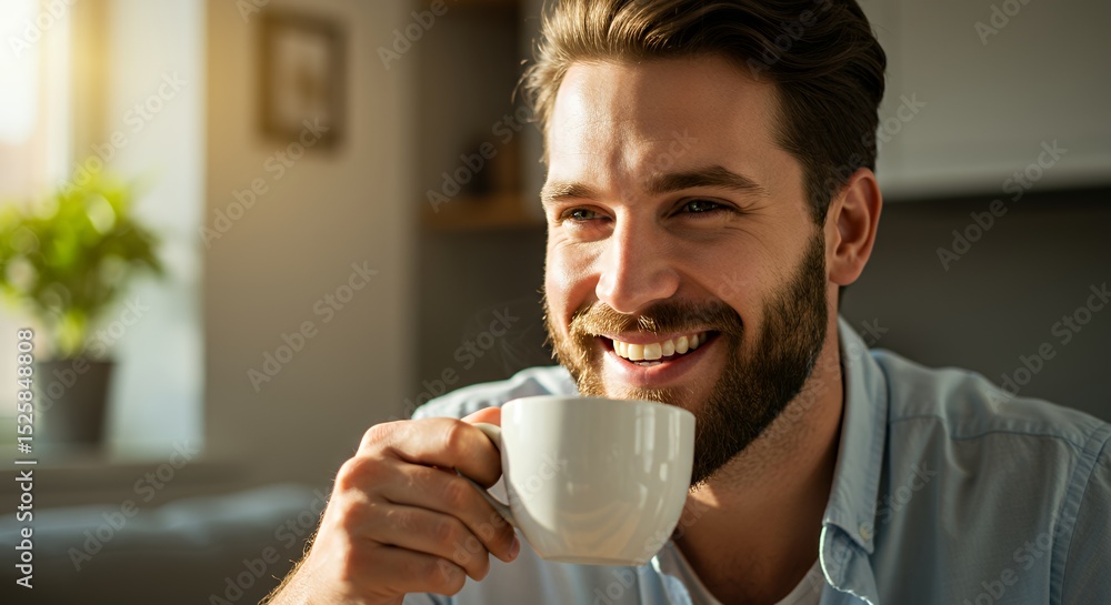 Smiling Man Enjoying Morning Coffee Smiling Man Enjoying Morning Coffee
