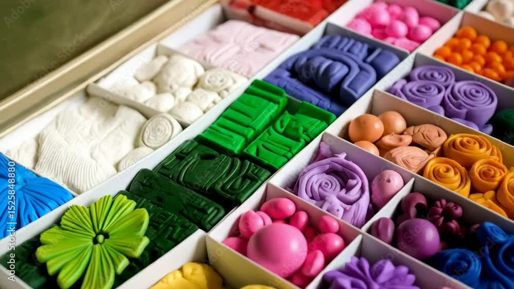 Colorful collection of shapes crafted from modeling clay organized in a compartmentalized box set for crafting activity