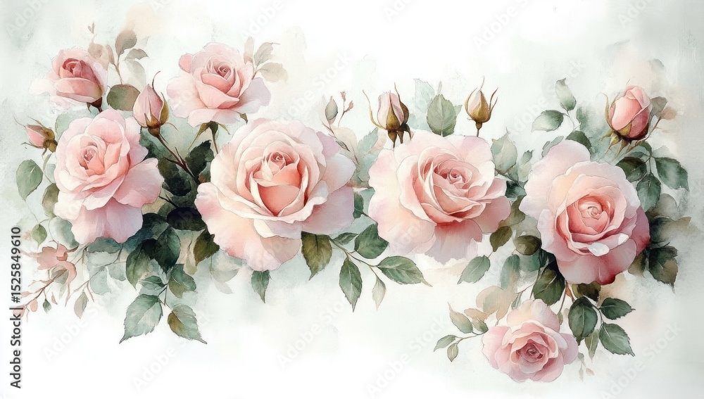 Delicate watercolor painting of soft pink roses with green leaves arranged in a horizontal bouquet conveying elegance and tranquility Delicate watercolor painting of soft pink roses with green leaves arranged in a horizontal bouquet conveying elegance and tranquility