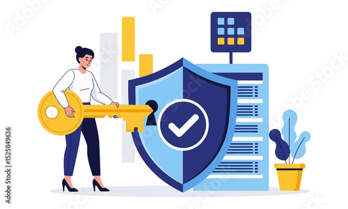 Data Security and Server Protection. a person securing data with a large key, a shield with a checkmark, and server racks in the background, symbolizing robust cybersecurity and digital protection.