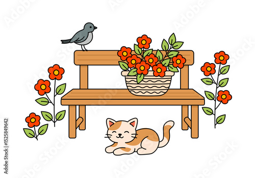 Garden bench with basket of flowers, bird and cute kitten, colorful vector illustration. Decorative design for themes of home, gardening and rural living.