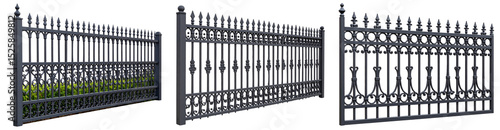 Ornate wrought iron garden fence segment with shadow, transparent background