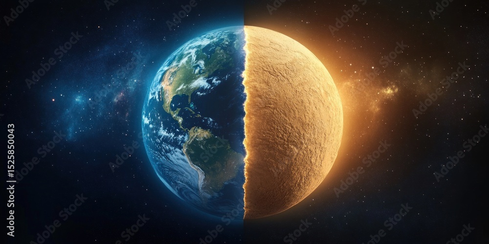 Fototapeta premium Half Earth and half barren moon-like planet side by side surrounded by stars in space showing contrast between vibrant life and desolate terrain