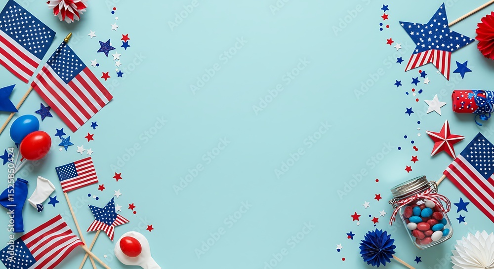 Obraz premium 4th of July American Independence Day themed flat lay with red, white, and blue decor on a light blue background, perfect for top view compositions.