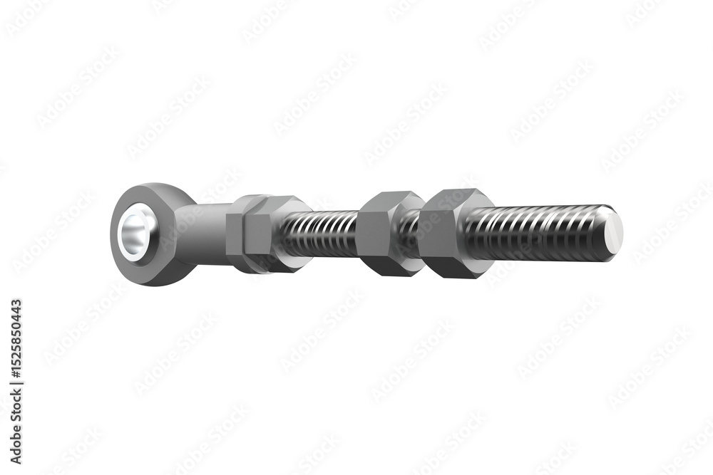Fototapeta premium High Quality 3D Illustration of a Steel Rod End Bearing, Threaded Shaft, and Hexagonal Nuts, a Critical Machine Part for Linkage Assemblies and Industrial Automation, Isolated on White.