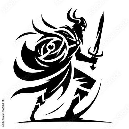 Viking warrior with sword and horned helmet vector