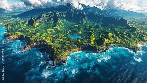 Aerial View of Lush Kauai Coastline with Mountains and Ocean Waves, Breathtaking Scenery