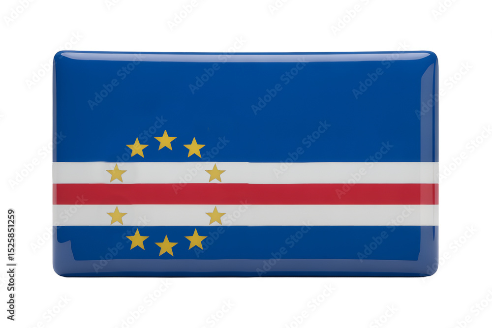 Fototapeta premium Cabo Verde Glossy Flag Pin Badge - A High-Quality Souvenir or Collectible Featuring the Vibrant Colors and Design of the Cape Verdean National Flag. Perfect for Travelers, Collectors, and Patriotics.