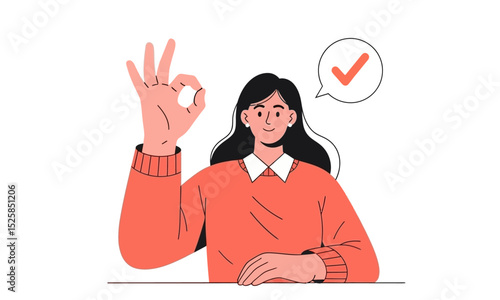 Woman Giving OK "Okay" Gesture with Checkmark. a cheerful woman making an "okay" hand gesture, with a checkmark in a speech bubble, signifying approval, satisfaction, or a positive affirmation.