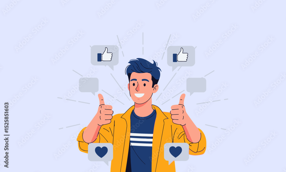 Enthusiastic Man with Social Media Feedback. Man gives double thumbs-up surrounded by social media icons, symbolizing positive online interaction. Enthusiastic Man with Social Media Feedback. Man gives double thumbs-up surrounded by social media icons, symbolizing positive online interaction.