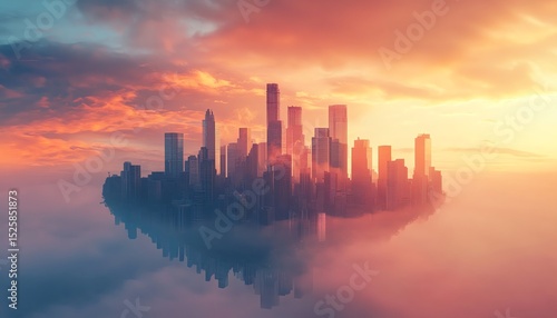 Stunning city skyline at sunrise among clouds.