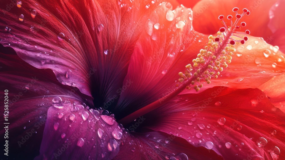 Obraz premium Hibiscus Flower Macro Photography: Vibrant Red Petals with Dew Drops