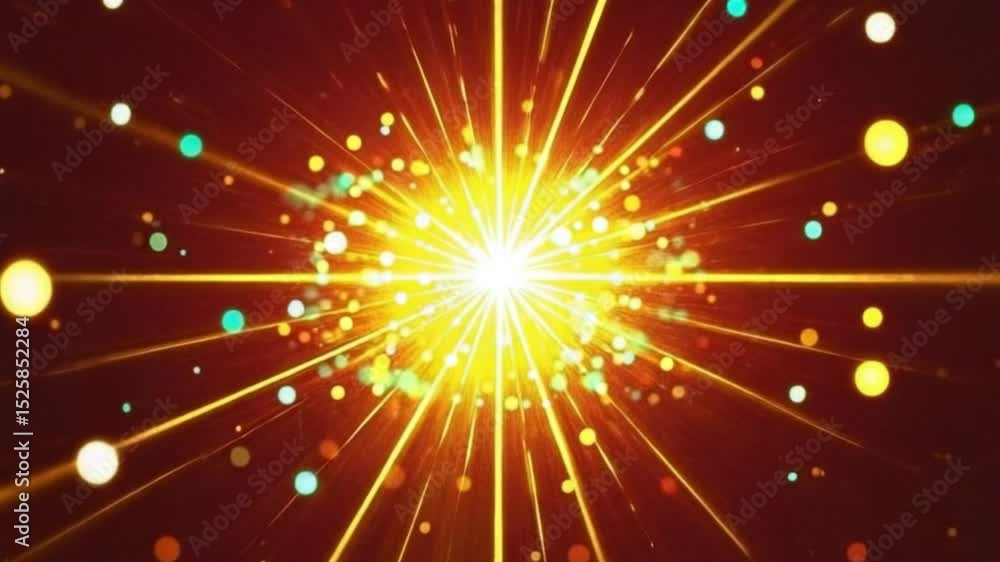 Vibrant digital artwork explosion of light and color radiant yellow gold starburst with green and orange bokeh on deep red background symmetrical festive celebration video download
