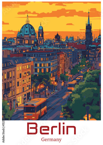 Berlin Skyline Vector Illustration with Buses, Germany